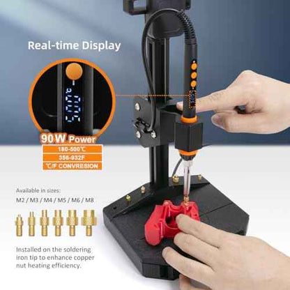 Vertical Heat Set Insert Tool Pressing Machine with 90W Soldering Iron, Heat Set Tips M2-M8, 30PCS Brass Nuts Threaded Inserts for 3D Printed Part