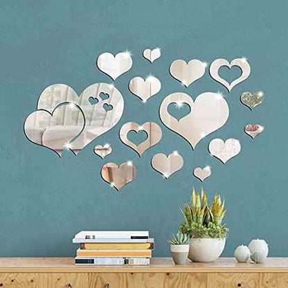 17 Pieces Heart Mirror Wall Decal 3D Acrylic Heart Mirrors Wall Art Decor Removable Sticker for Living Room Bedroom Home Decoration