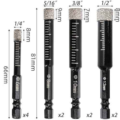 Hacaroa 10 Pack Dry Diamond Drill Bit Set, 1/4 5/16 3/8 1/2 Inch Diamond Core Drill Bits for Tile, Ceramic, Glass, Marble, Granite, Stone, 6, 8, 10, 12mm, 1/4 Inch Hex Shank, 4 Sizes