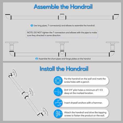 Pipe Stair Handrail, 6 Ft Metal Staircase Handrail, Black Galvanized Industrial Iron Hand Rail for Indoor & Outdoor Wall Mount Support, Wall Hand Railing,Safety Handle, Steps Baluster(HR01-3)