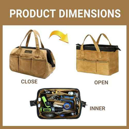Tool Tote, 13-inch Heavy Duty Waxed Canvas Wide Mouth Tool Bag, Open Top tool Pouch with Handle for Tools, Wrenches, Screwdrivers (13 X 7 X 9 inch) | Khaki