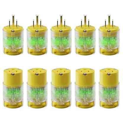 AIDA Lighted Plug and Connector Set, Straight Blade Cord End Replacement, 15 Amp 125Volt, NEMA 5-15P & NEMA 5-15R, 2 Pole 3Wire Grounding, Yellow, 5 Set