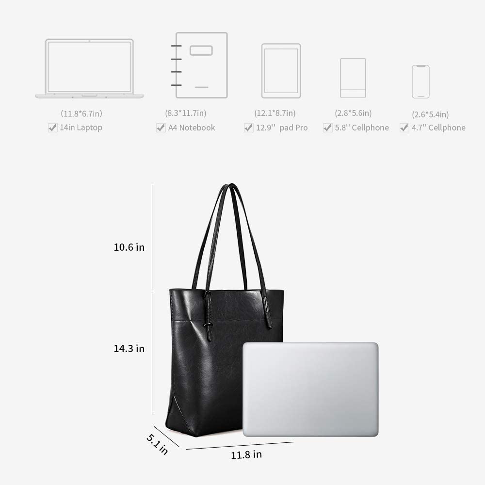 Kattee Vintage Genuine Leather Tote Shoulder Handbag for Woman with Adjustable Handles (Black)