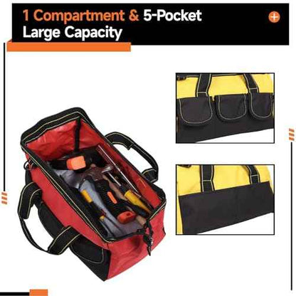 4 Pcs Tool Bags for Men, Heavy Duty Waterproof Tool Tote Bags with Shoulder Straps, Multi Pockets Tool Organizers with Wide Mouth and Hard Bottom for Electrician, Carpenter