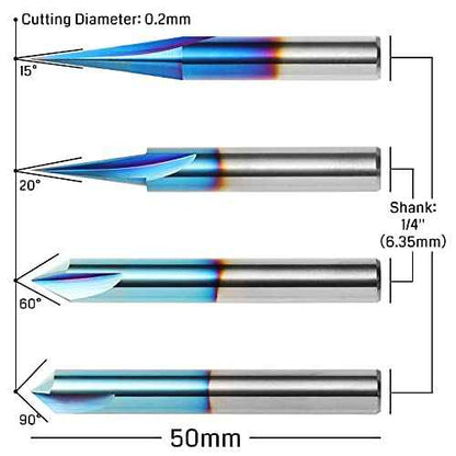 Genmitsu CNC Wood Carving Router Bits Set, 1/4'' Shank, 4 PCS, 15¡Æ Detail Carving Liner+ 20¡Æ Profile bit+ 60¡Æ & 90¡Æ V Groove, WC04A