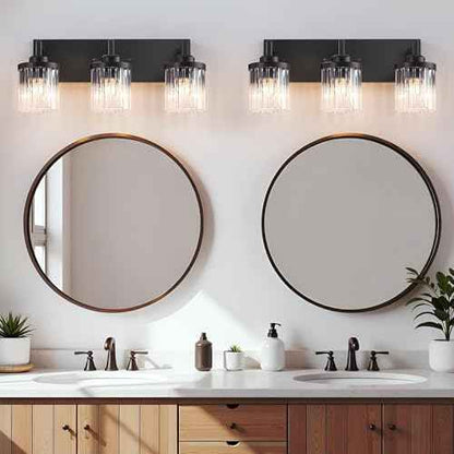 Modern Crystal Bathroom Light Fixtures, 3 Light Black Farmhouse Vanity Lights, with Crystal Glass Shade, Industrial Bathroom Lighting Fixtures Over Mirror Wall Light for Bedroom Living Room