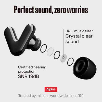 Alpine Tune Earplugs, Concert Ear Plugs for Noise Reduction, High Fidelity Music Quality, 19dB Hearing Protection with Crystal Clear Sound, Incl. 4 Sizes, For Parties, Raves, Festivals & Clubs, Black