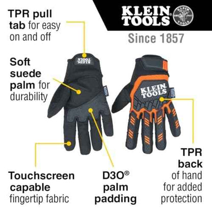 Klein Tools Work Gloves, Heavy-Duty Suede Palm Gloves, TPR Impact Resistant, Touchscreen-Capable, Hook and Loop Wrist Strap