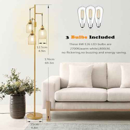 Dimmable Floor Lamp for Living Room, Farmhouse Floor Lamps with Elegant Hanging Cage, 3 x LED Edison Bulbs Included, 68.5" Industrial Standing Light for Bedroom Office Home Decor (Gold)