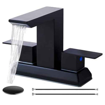 SHACO Black 4 Inch Centerset Bathroom Faucets 3 Hole or 2 Hole, Matte Black 2 Handle Waterfall Vanity Faucet, Lavatory Mixer Tap RV Sink Faucet with Overflow Pop Up Drain and Hose, SC-ZT907B-NEW1