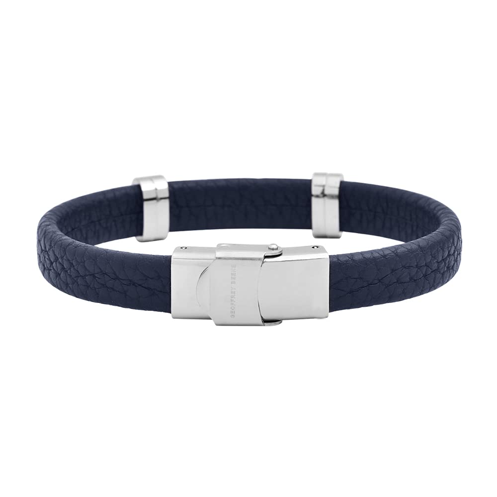 Geoffrey Beene Men's Genuine Leather Bracelet with Stainless Steel Cut-Out ID, Blue