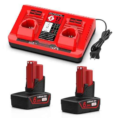 2-Pack 6.5Ah 12V Battery and Charger Set Replacement for Mil-wau-kee 12v Tools 48-11-2420 48-11-2401 48-11-2402 48-11-2450 Battery and 48-59-2401 M-12 Charger