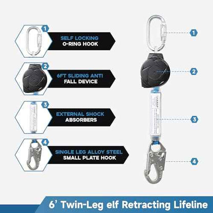 6FT Self Retracting Lifeline Fall Protection Retractable Safety Lanyard Rectracting Lifeline Personal Fall Arrest Protection ANSI Self Retractable Gear for Roofing Construction(Small Hook)