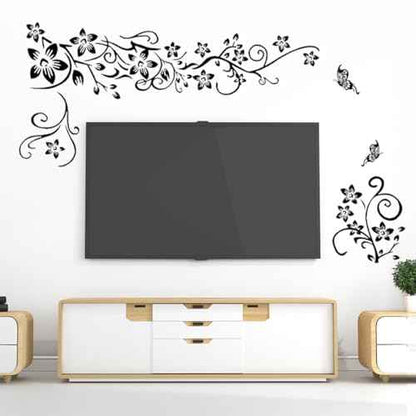 Joyartu Flowers Vine Decals Black Flowers Butterfly Wall Stickers, Diagonal Floral Decals for Living Room TV Background, DIY Home Decor