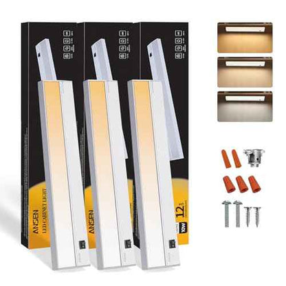 Ansen 3Packs of Under Cabinet Lights for Kitchen, 12in 10W 666LM, Dimmable Hardwire Led Light for Closet, CRI>92, R9>90, 3 Color Temperature, 3000K/4000K/5000K(Warm White, Cool White, Daylight)