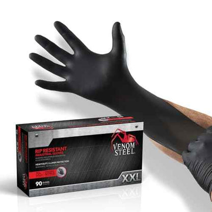 Venom Steel Industrial Nitrile Gloves, Chemical Resistant Disposable Black Gloves, Latex-Free, Powder-Free, Textured Grip, Heavy Duty Two-Layer Protection, 6 mil, XXL, (Pack of 90)