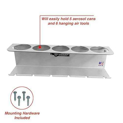 Pit Posse PP3353 Pneumatic Tool Holder Aerosol Rack Combo-Made in USA- Wall Mounted Spray Can Bottle Holder, Air Tool Organizer for Garage, Trailer,Workspace, Toy Hauler- Holds 5 cans, 6 Slots