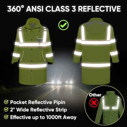 TICONN Reflective Rain Coat, Waterproof Hi Vis Safety Rain Jacket, Heavy Duty ANSI Class 3 High Visibility Trench Coat