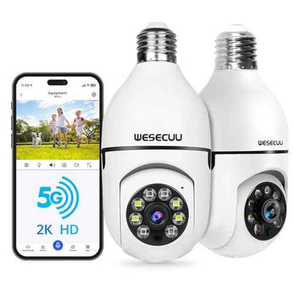 WESECUU Light Bulb Security Camera -5G& 2.4GHz WiFi 2K Security Cameras Wireless Outdoor Motion Detection and Alarm,Two-Way Talk,Color Night Vision,Human Detection, Bulb Camera Compatible with Alexa