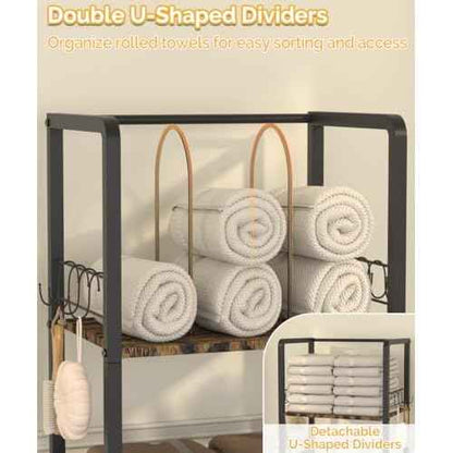 Free Standing Towel Racks for Bathroom with U-Shaped Detachable Dividers, 3-Tier Floor Towels Holder Stand with Shelf & 8 S-Hooks, Metal Pool Towel Storage Organizer for Home, Poolside, Black