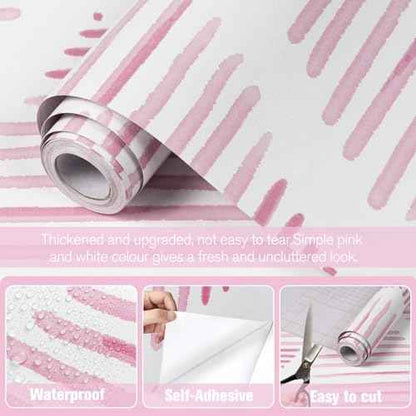 Modern White and Pink Peel and Stick Wallpaper 17.7"x120" Stripe Diamond Wallpaper Vinyl Waterproof Contact Paper Shelf Paper Drawer Liner Roll for Bedroom Living Room