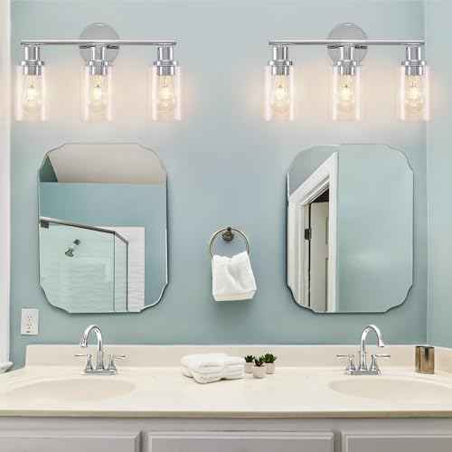 DLLT 3-Light Bathroom Light Fixtures: Chrome Modern Vanity Lights with 3 E26 Bulbs - Clear Glass Shade Bathroom Wall Lamp for Mirror Kitchen Living Room Hallway Cabinet Porch