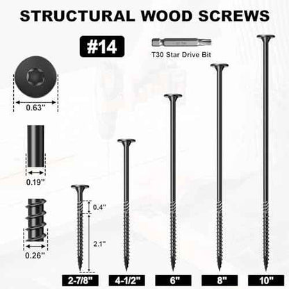 #14 Heavy-Duty Wood Screws, Star Drive Deck Screws, Rust Resistant Timber Screws for Timber/Log/Landscaping Wood (10 Inch,50Pcs,Black)