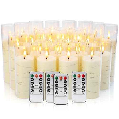24-Piece Ivory Flameless LED Candles with Flicker Effect, Remote & Timer. Embedded Starry Lights, Battery-Powered. Safe, Elegant for Cozy Romantic Home Decor.