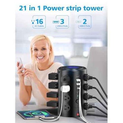 Power Strip Tower Surge Protector with 16 Outlets and 5 USB Ports (2 USB-C), 20FT Extension Cord with Multiple Outlets,Heavy Duty Charging Station,Home Office Dorm Room Essentials.No Wireless Charging