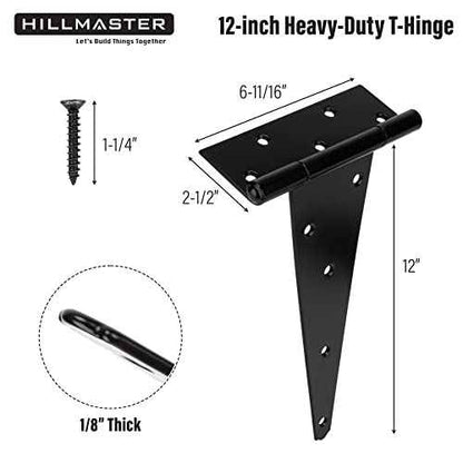 12 Inch T-Strap Heavy Duty Shed Door Hinges Gate Strap Hinges Black Tee Hinge Wrought Hardware for Wooden Fences,Yard,Barn Door,Rustproof (6 Pack)
