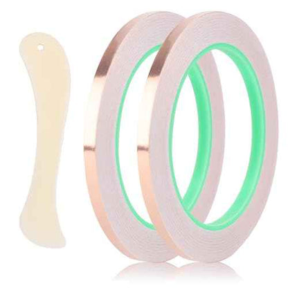 2 Rolls Copper Foil Tape, 1/4 Inch Wide Adhesive Copper Foil Tape for Stained Glass Double-Sided Conductive Tape with Plastic Scraper for Electrical Repair Paper Circuits Handicrafts