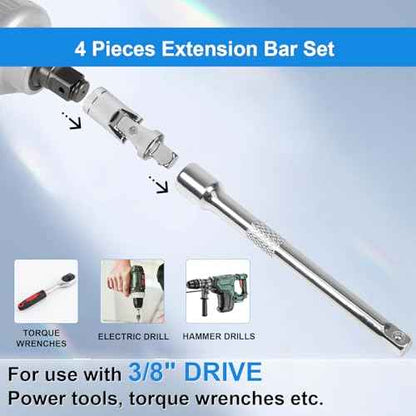 3/8 Inch Drive Extension Bar Set, Socket Extension Set Include 3, 6, and 10 Inch Extensions and 3/8 Inch Drive Universal Joint Sockets, 4 Piece Set