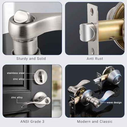 Knobonly 2 Pack Keyed Alike Front Door Handle with Single Cylinder Deadbolt, Satin Nickel Exterior Door Lock Set, Zinc Alloy