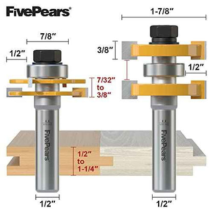 FivePears Adjustable Tongue and Groove Router Bit Set with 1/2 Inch Shank, Shaker Style 3 Teeth T Shape Wood Milling Router Bit for Match Oak Hardwood Floor Wainscoting Boards Joinery