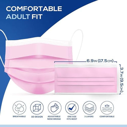 50PCS Cute Pink Disposable Comfortable Earloop Face Masks (10 PCS/Bag Sealed,Pack of 5) Medical Grade ASTM Level 2,High Filtration Ventilation Skin-Friendly 3-Ply Fabric (Non-Woven 65%,Melt-Blown 35%)
