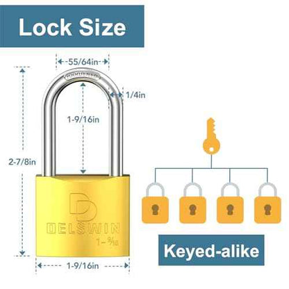 DELSWIN Weatherproof Padlock with Key (Keyed Alike) - Heavy Duty Solid Brass Locker Lock with 1-9/16" Long Shackle, Marine Grade Pad Lock for Outdoor Gate, Fence, Shed (4 Pack)