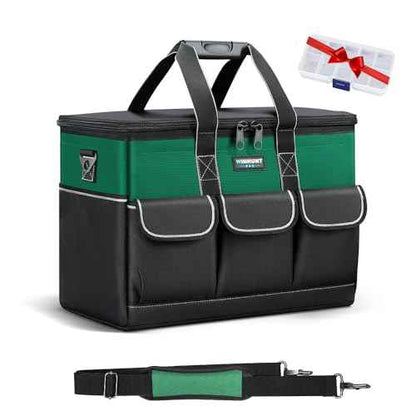 Tool Bag, 14-inch Wide Mouth Tool Storage Organiser, 600 Denier with 6 Interior 8 Exterior Pockets for Home DIY & Equipment Storage, Green and Black (14 inch)