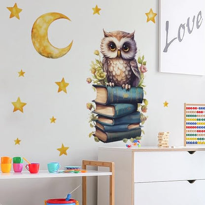 Cute Owl Books Moon Stars Educational Wall Stickers, sacinora Reading Corner Cartoon Animal Wall Decals Removable Vinyl Peel and Stick for Kids Baby Study Room Classroom Nursery Bedroom Art Decoration