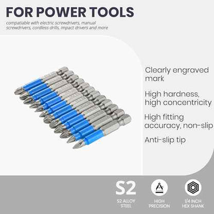 Anti Slip Phillips Cross Slot Pozidriv Screwdriver Bit Set 12PCS 1/4 Inch Hex Shank 2 Inch/50 mm Length S2 Steel with Magnetic for Power Screwdriver Drill Impact Driver Tool Accessory