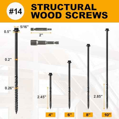 #14 x 10 Wood Structural Screws 50 Pack Hex Head Lag Screws, Rust Resistant Timber Screws for Timber/Log/Landscaping Wood (Black)