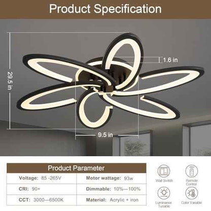 Modern LED Ceiling Light, 6+1 Rings 93W Dimmable Ceiling Light Fixtures 29.5" 3000K-6500K Flush Mount Black Flower Ceiling Lamp with Remote for Living Room,Bedroom,Kitchen