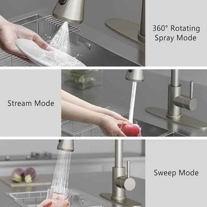 VXV Kitchen Faucet with Soap Dispenser, 3 Modes Kitchen Faucet with Pull Down Sprayer, Stainless Steel Sink Faucet for Farmhouse, Bar, and RV, with Deck Plate and 1/2'' Adapters