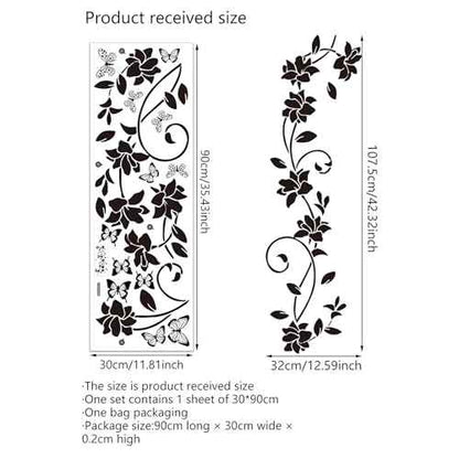 Black Flower Vine Butterfly Wall Stickers, sacinora Simplicity Floral Art Wall Decals Removable Vinyl Peel and Stick for Bathroom Living Room Bedroom Home Decorations
