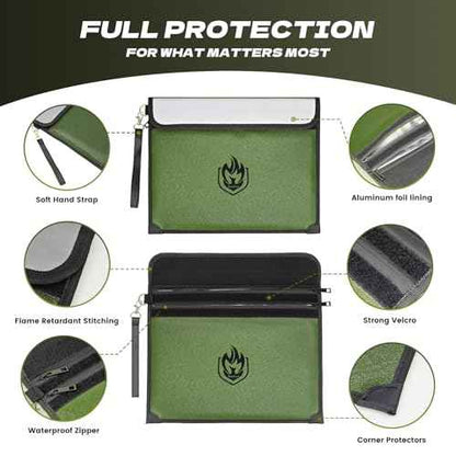 2 Pockets Fireproof Document Bag 6200¡ÆF, 10 Layers Waterproof Fireproof Money Bag for Cash with Reflective Strip, Heat Insulated Waterproof Document Holder Pouch, Fire Safe Storage (Green)