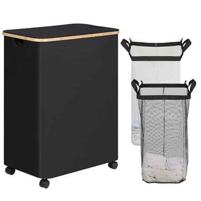 efluky Double Laundry Hamper with Wheels, Divided Laundry Hamper with Removable Bags, 2 Section Dirty Clothes Basket with Handles for Bathroom, Bedroom & Laundry Room, 160L Dark Black