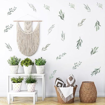 96 Pcs Sheets Pack Ink-Wash Style Self-Adhesive Waterproof Vinyl Wall Stickers-12 Sheet Leaf Decals for Wall Decor in Living Room/Cafe/Nursery/Bedroom/Office(Pastoral stylel)