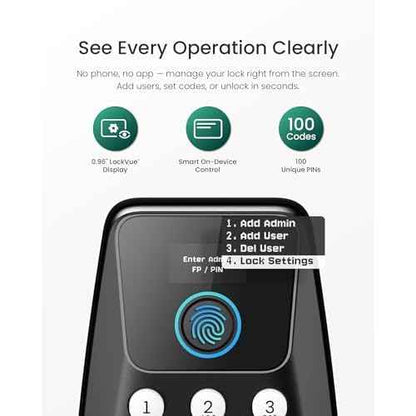 DESLOC C110 Keyless Entry Door Lock with Fingerprint - Smart Deadbolt Lock for Front Door with 2 Keys - Auto Lock - Easy Installation, 100 PIN Codes, IP54 Waterproof, BHMA Grade 3, Black