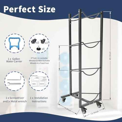 5 Gallon Water Bottle Holder: 4 Tier 5gal Water Jug Storage Rack with 4 Wheels for Home Kitchen Garage - Space Saving & Black