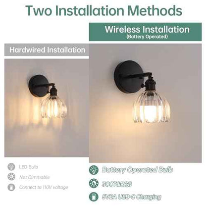 Vintage Battery Operated Wall Sconce with Cute Transparent Tulip Glass Lampshade Wireless Rechargeable Battery Powered Black Wall Light with Remote Control for Bedside Bedroom Doorway