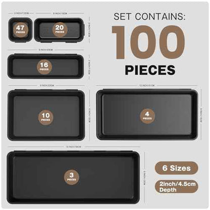¡¼Fits 100+ Tools¡½A-LUGEI¡¼100-Piece 6-Size¡½Tool Organizer Tray Set - Black Plastic Drawer Dividers for Garage Cabinets, Rolling Tool Chests, Workbenches & Office Storage